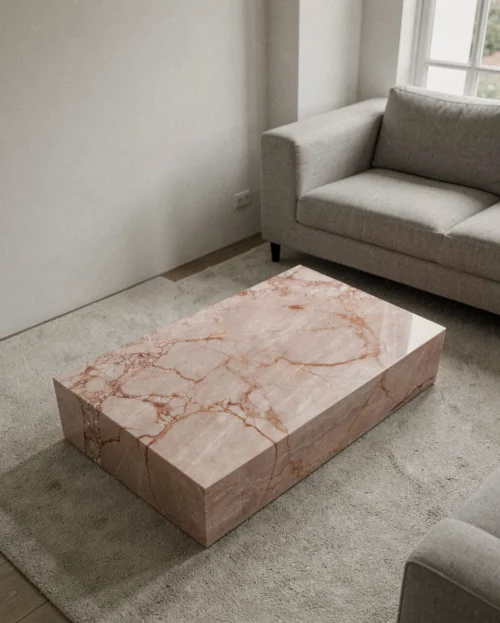 pink-rose-marble-rectangle-plinth-coffee-table-1 Pink Rose Marble Rectangle Plinth Coffee Table — Pink Rose Marble natural stone Coffee Table (hero view), Gladystone handcrafted