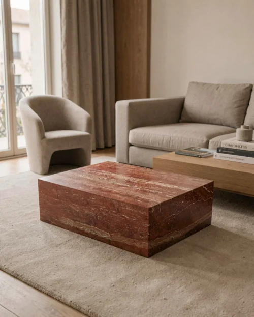 Red Travertine Marble Rectangle Plinth Coffee Table — Travertine natural stone Coffee Table (hero view), Gladystone handcrafted