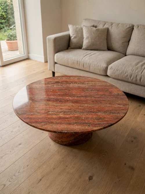 Red Travertine Petal Base Coffee Table — Travertine natural stone Coffee Table (hero view), Gladystone handcrafted