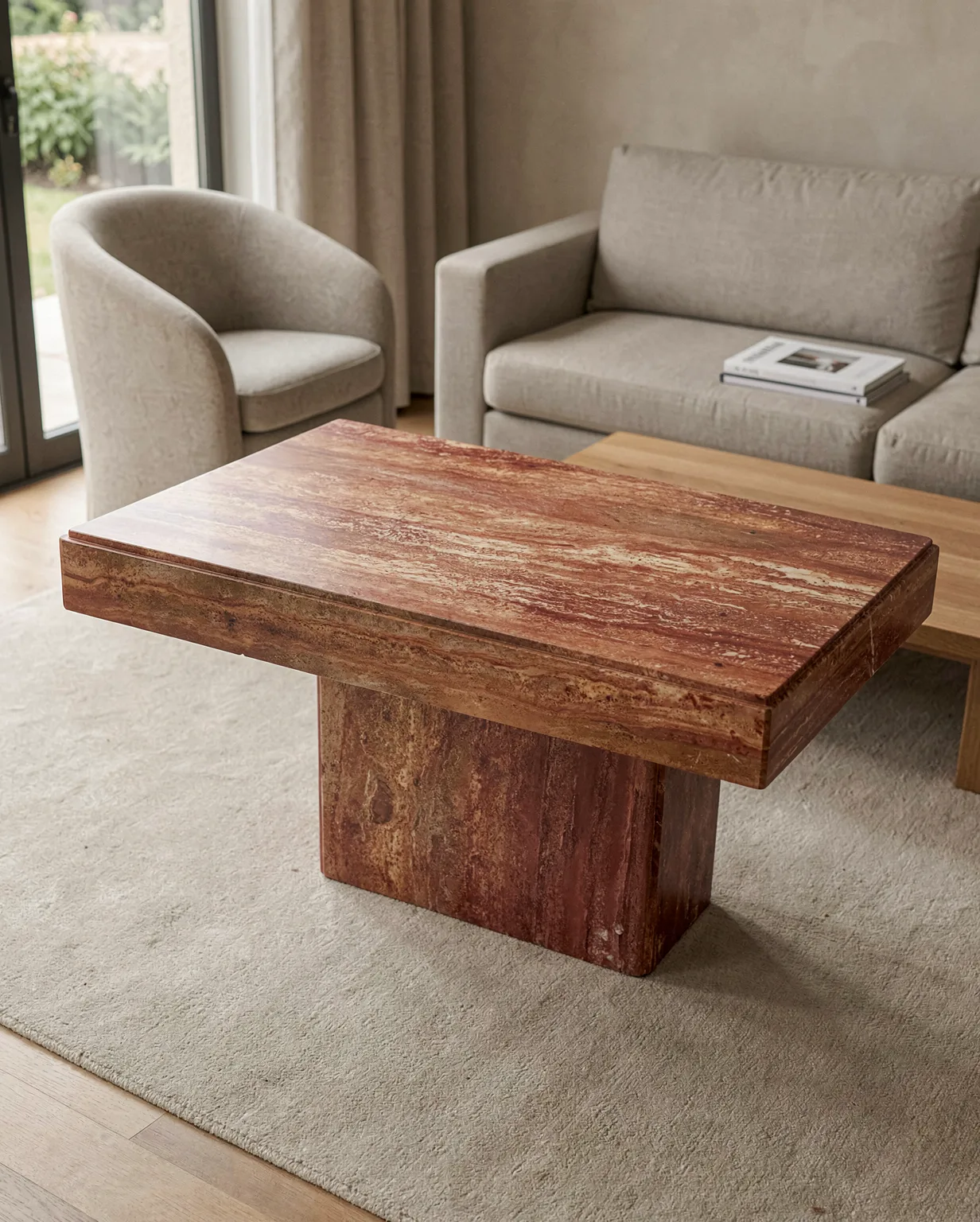 Red Travertine Rectangle Coffee Table — Travertine natural stone Coffee Table (hero view), Gladystone handcrafted