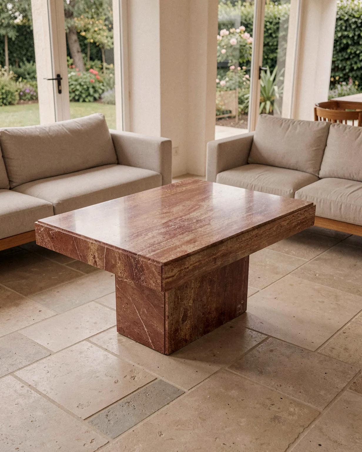 Red Travertine Rectangle Coffee Table — Travertine natural stone Coffee Table (in-room scene), Gladystone handcrafted