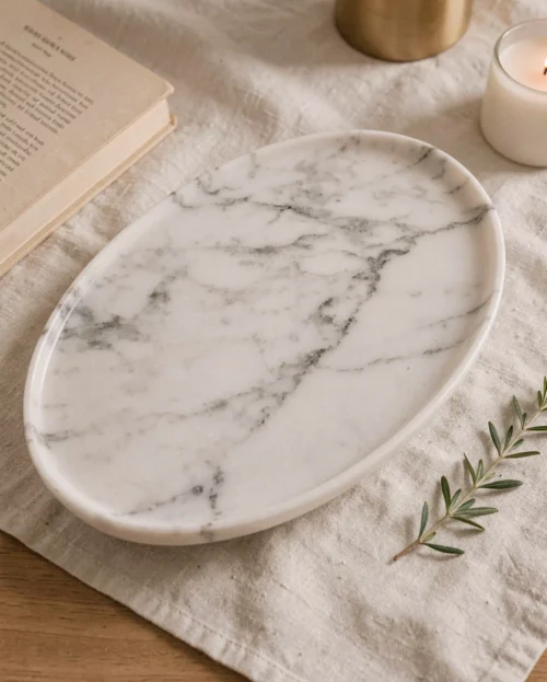 Statuario Marble Matte Oval Tray — Statuario Marble natural stone Home Decor (hero view), Gladystone handcrafted