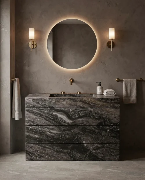 Travertine Bathroom Vanity with Drawer — Travertine natural stone Bathroom Cabinet (hero view), Gladystone handcrafted