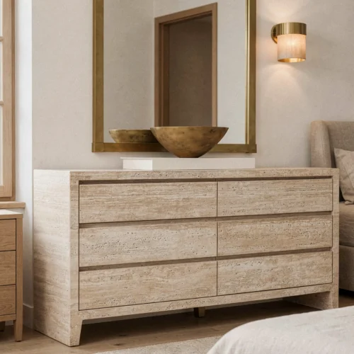 Travertine Entryway Cabinet — Travertine natural stone Console Table (hero view), Gladystone handcrafted