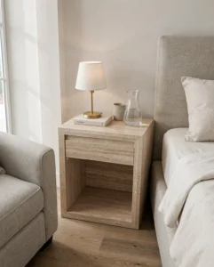 Travertine Storage Side Table with Drawer — Travertine natural stone Side Table (hero view), Gladystone handcrafted
