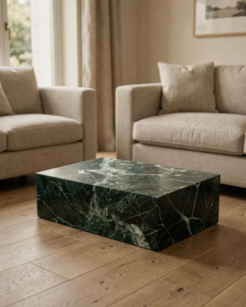 Verde Alpi Marble Rectangle Plinth Coffee Table — Verde Alpi Marble natural stone Coffee Table (hero view), Gladystone handcrafted