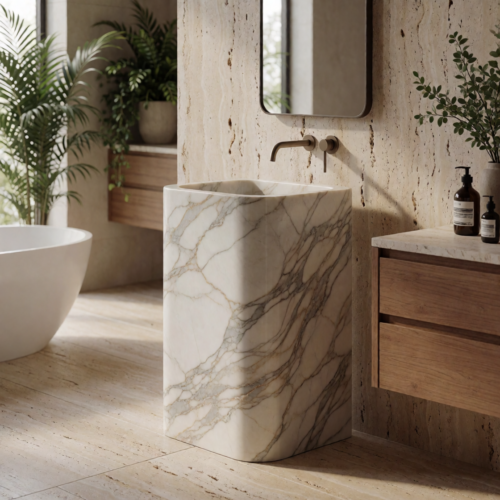 Viola Gold Marble Pedestal Sink — Viola Gold natural stone Pedestal Sink (detail), Gladystone handcrafted
