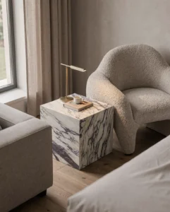 Viola Marble Plinth Square Side Table — Viola Marble natural stone Side Table (hero view), Gladystone handcrafted