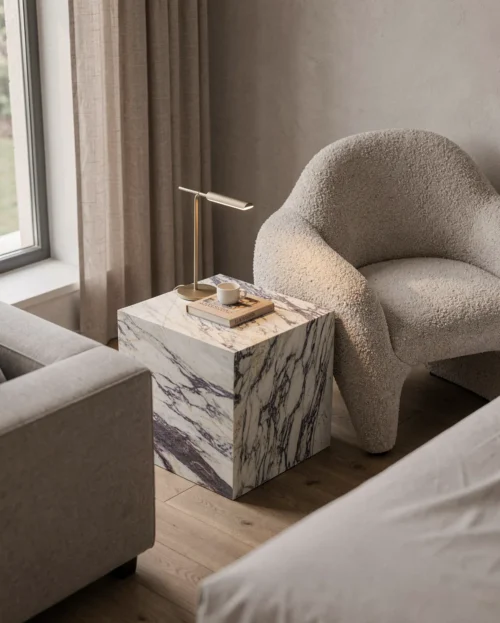 Viola Marble Plinth Square Side Table — Viola Marble natural stone Side Table (hero view), Gladystone handcrafted