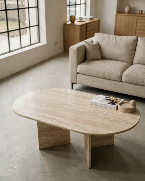 Wabi Sabi - Travertine V-Shaped Coffee Table — Travertine natural stone Coffee Table (hero view), Gladystone handcrafted