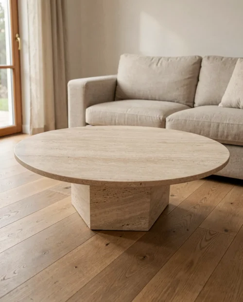 White Travertine Matte Coffee Table — Travertine natural stone Coffee Table (hero view), Gladystone handcrafted