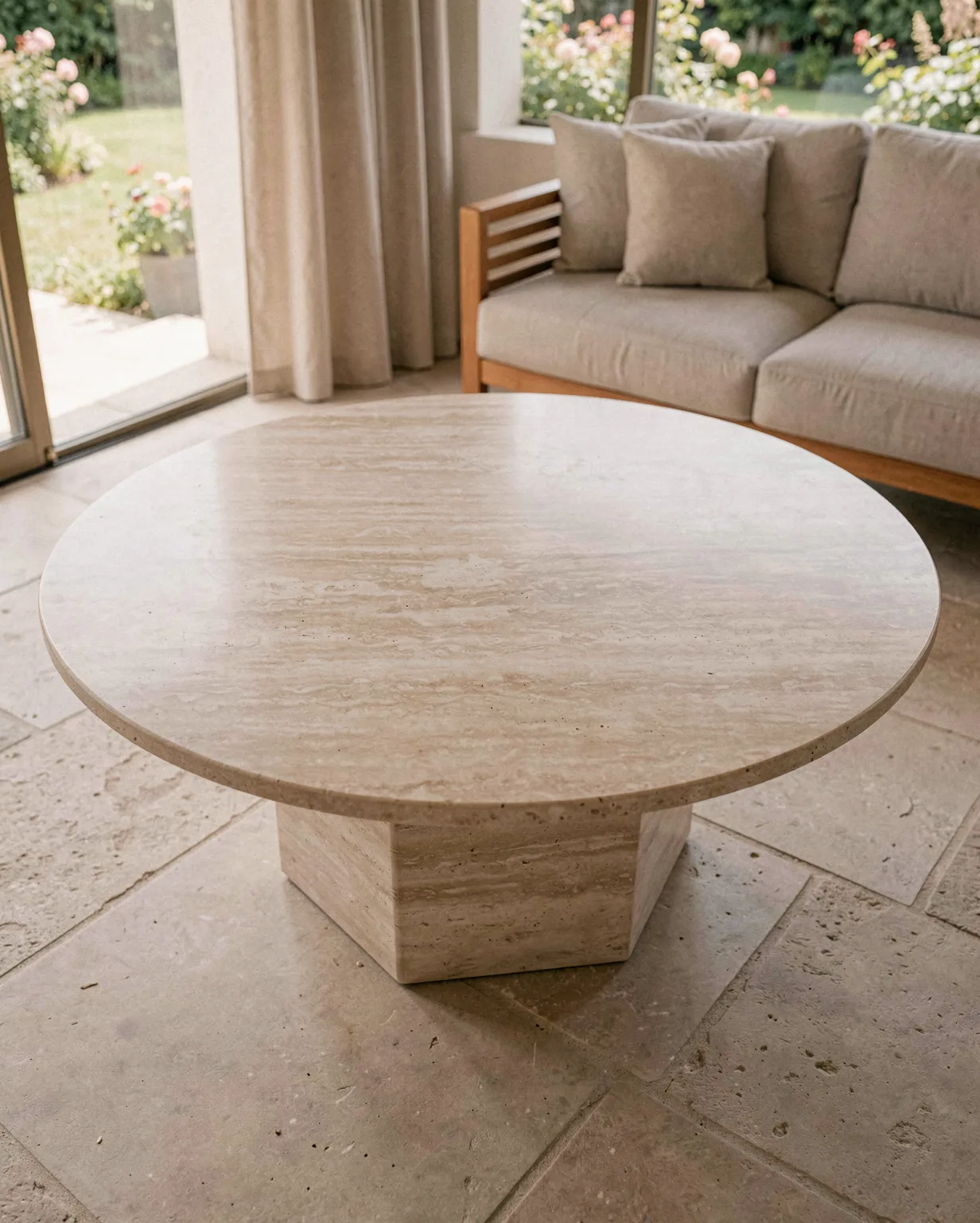 White Travertine Round Coffee Table — Travertine natural stone Coffee Table (hero view), Gladystone handcrafted