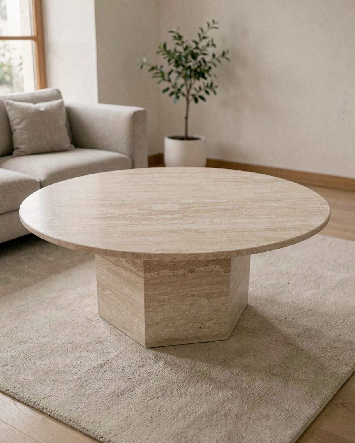 White Travertine Round Coffee Table — Travertine natural stone Coffee Table (in-room scene), Gladystone handcrafted
