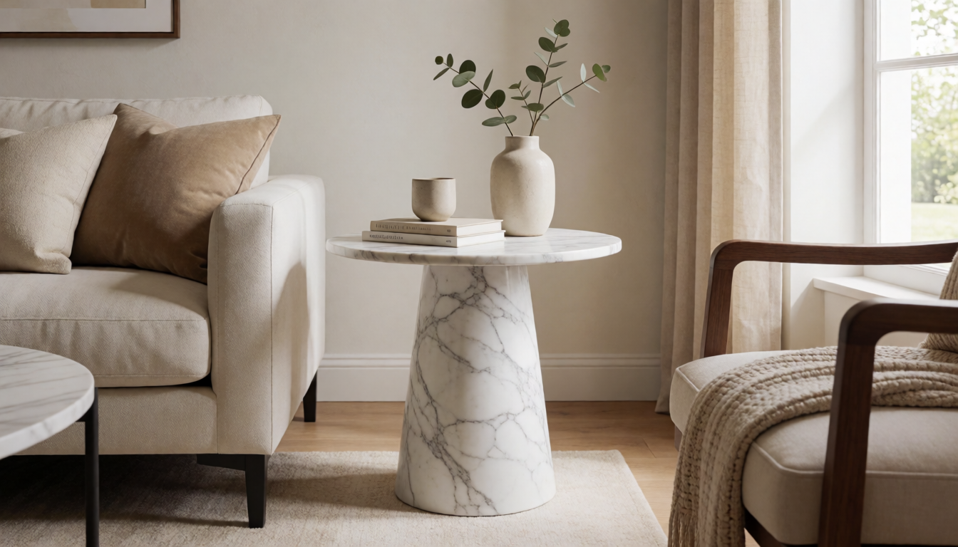 White Marble Side Table: Carrara Bright Accent - natural stone decor scene 3